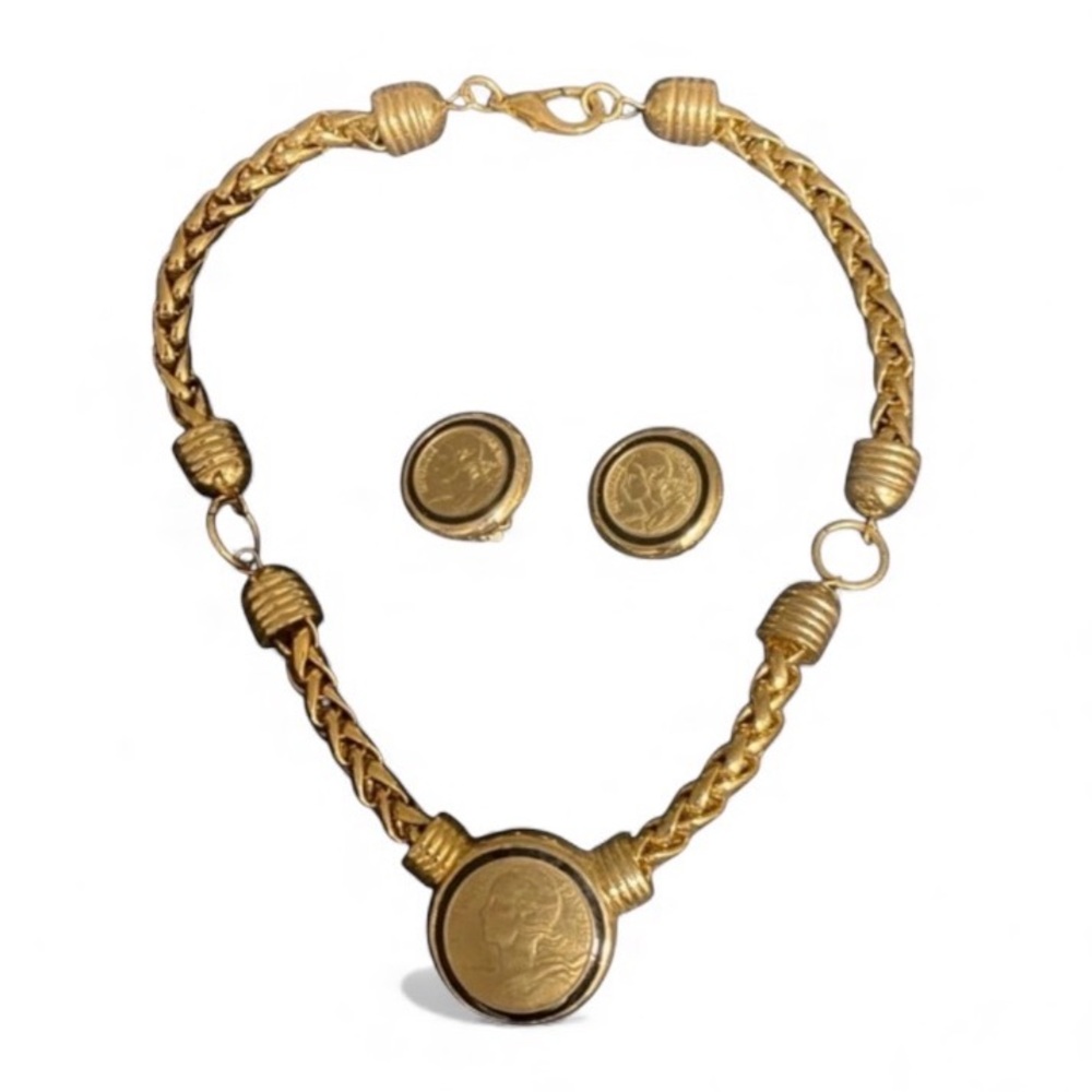 1980s Set Faux French Gold Coin Thick Chain Necklace & Matching Clip-On Earrings